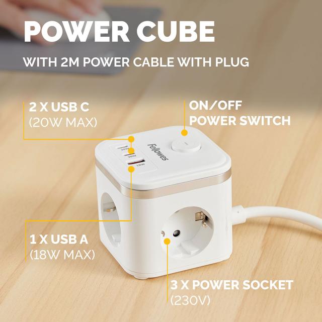 Priza de incarcare Fellowes Power Cube, alb