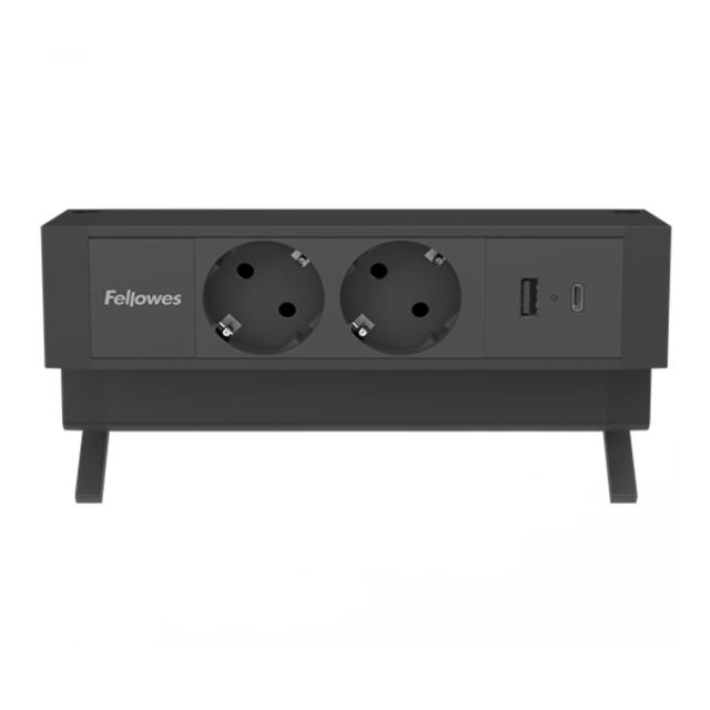 Priza birou fara gaurire blat, Fellowes Desk Up, 2x230V, USB A+C, cablu 2 m inclus, negru