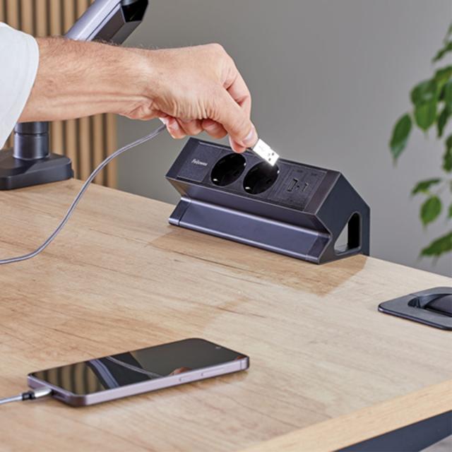 Priza birou fara gaurire blat, Fellowes Desk Up, 2x230V, USB A+C, cablu 2 m inclus, negru