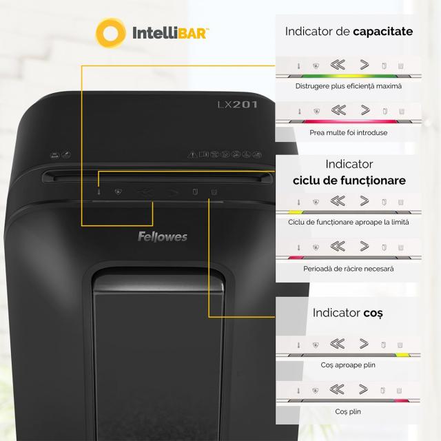 Distrugator documente Fellowes LX201 negru, micro taieri, functionare silentioasa