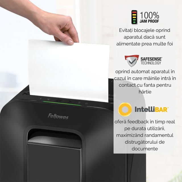 Distrugator documente Fellowes LX201 negru, micro taieri, functionare silentioasa