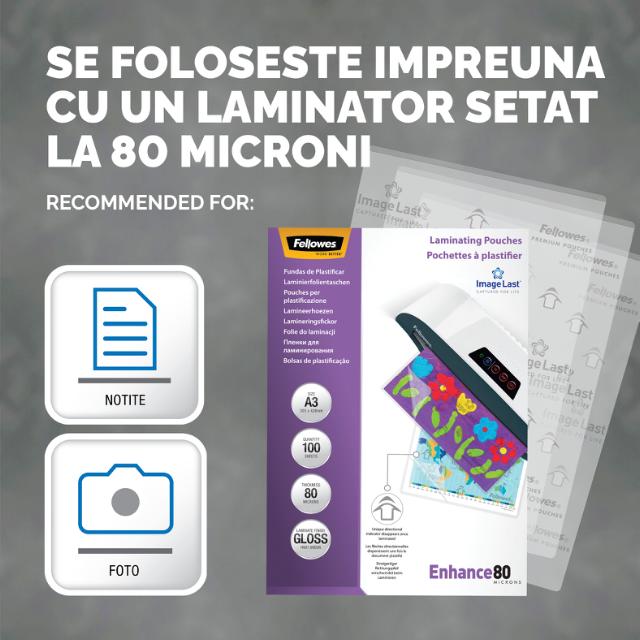 Folie laminare Fellowes, A3, 80 microni, 100 bucati/set