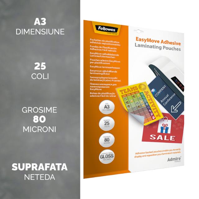 Folie laminare cu spate adeziv Fellowes, A3, 80 microni, 25 bucati/set