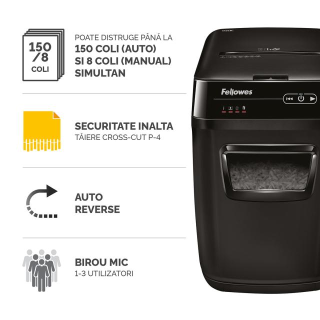 Distrugator Fellowes Automax 150c AUTO FEED CROSS CUT, negru, auto-reverse, sleep-mode
