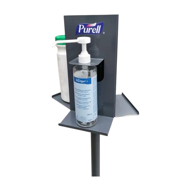 Stand prisma, cu picior, pentru 2 flacoane cu gel si un flacon cu servetele