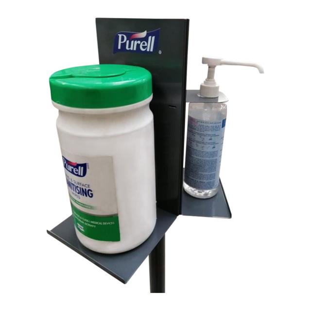 Stand prisma, cu picior, pentru 2 flacoane cu gel si un flacon cu servetele