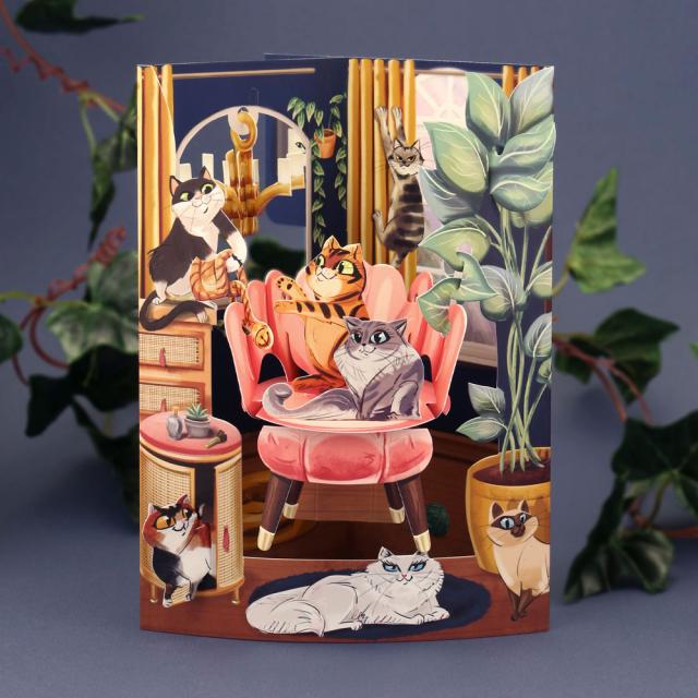 Felicitare 3D Santoro, Design Pisica, Pop-up, Componente Mobile