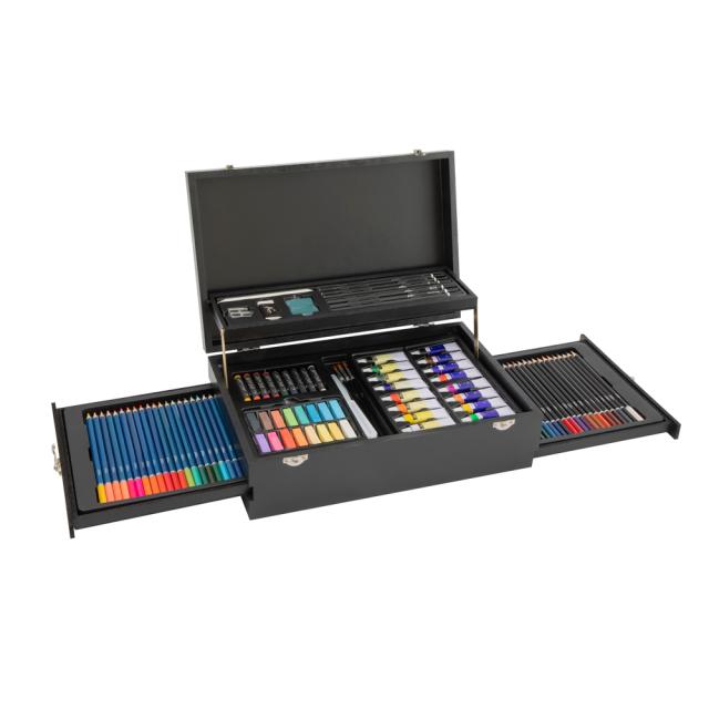 Trusa 115 piese Creative Craft, pentru desen in cutie lemn