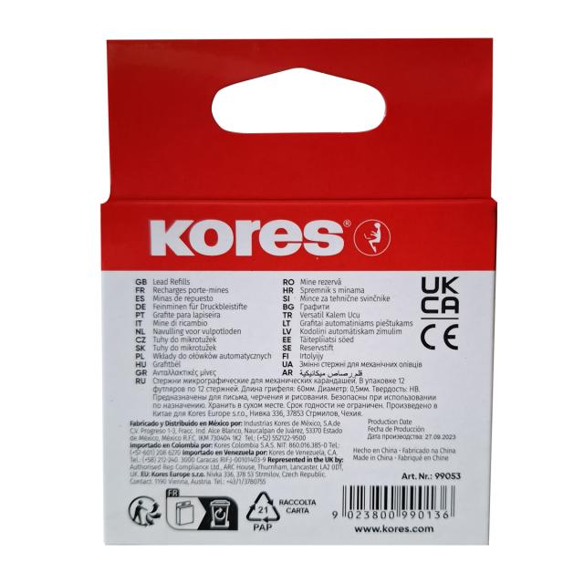 Mine Kores pentru creion mecanic, lungime 60 mm, HB, 0.5 mm 12 bucati/cutie