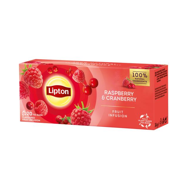 Ceai negru Lipton, zmeura si merisoare, 20 plicuri/cutie