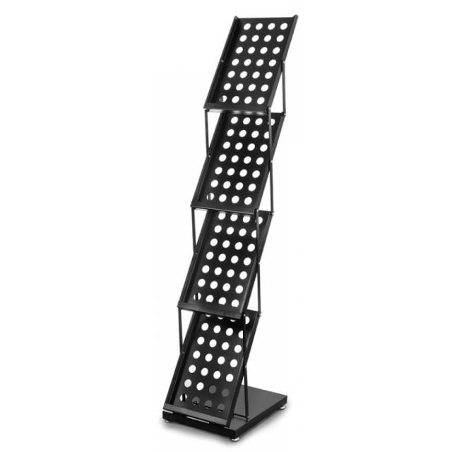 Stand pliabil din metal, pentru expunere brosuri, pliante, reviste, cu 4 buzunare, format A4