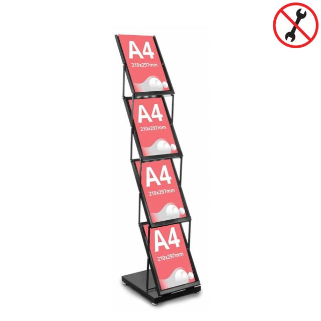 Stand pliabil din metal, pentru expunere brosuri, pliante, reviste, cu 4 buzunare, format A4