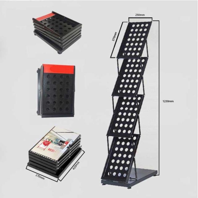 Stand pliabil din metal, pentru expunere brosuri, pliante, reviste, cu 4 buzunare, format A4