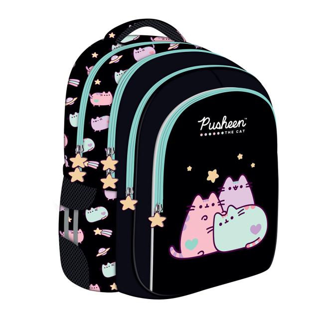 Ghiozdan scolar Majewski ST Right, BPL58, Pusheen negru cu pastel, 4 compartimente, 40 x 28 x 18 cm 
