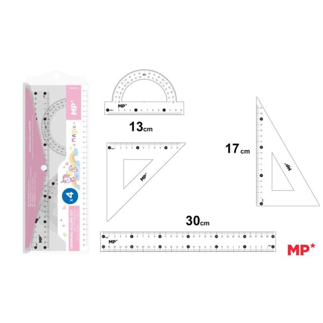 Set geometrie Main Paper, 4 piese, transparent, raportor, 2 echere, rigla 30 cm, albastru