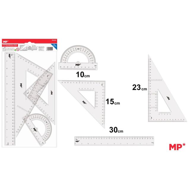 Set geometrie Main Paper, 4 piese, transparent, raportor, 2 echere, rigla 30 cm, blister