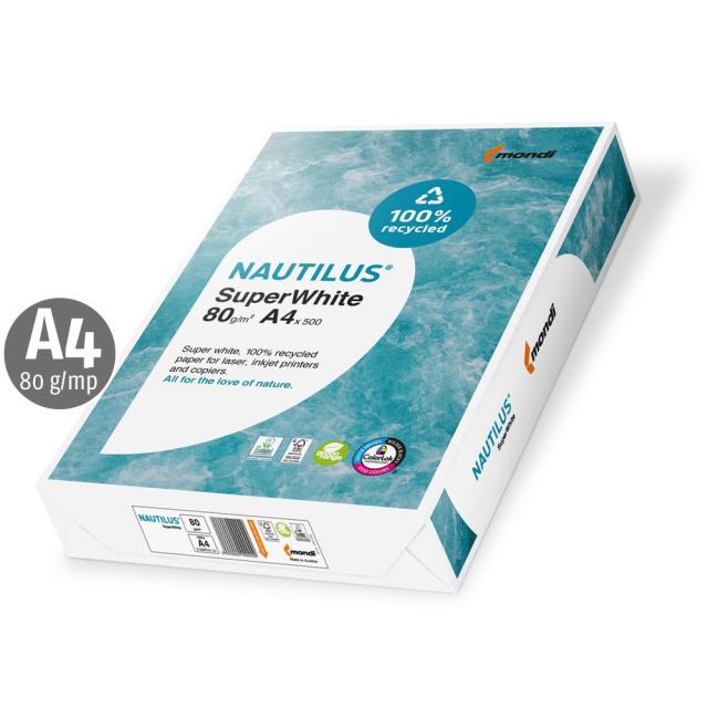 Hartie copiator reciclata, Nautilus, Super White A4, 80 g, 500 coli/top