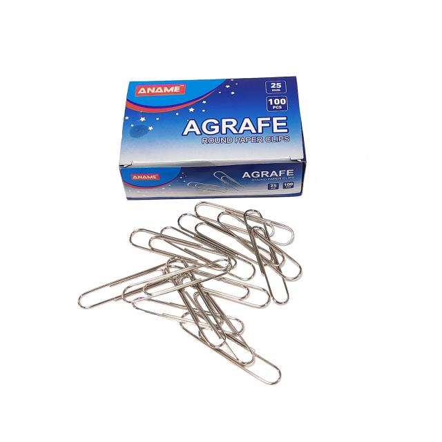 Agrafe ANAME, 25 mm, metal, colturi rotunjite, 100 bucati/cutie