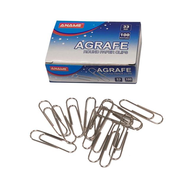Agrafe ANAME, 33 mm, metal, colturi rotunjite, 100 bucati/cutie