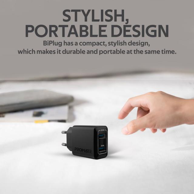 Incarcator retea Promate BiPlug, Dual-USB Port, Adaptive Charging Negru