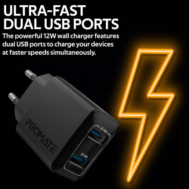 Incarcator retea Promate BiPlug, Dual-USB Port, Adaptive Charging Negru