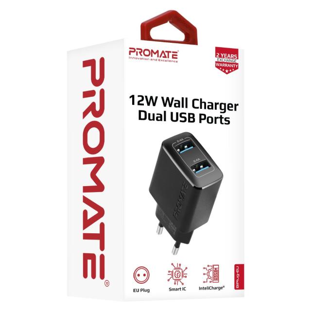 Incarcator retea Promate BiPlug, Dual-USB Port, Adaptive Charging Negru