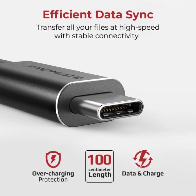 Cablu date Promate USB-A la USB-C, 1 m, 3A, 480 Mbps, negru