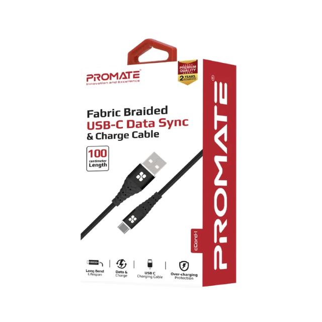 Cablu date Promate USB-A la USB-C, 1 m, 3A, 480 Mbps, negru
