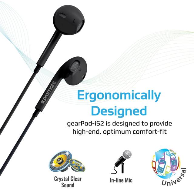 Casti cu fir Intra Uriculare PROMATE gearPod-iS2, In-Ear, Microfon, Negru