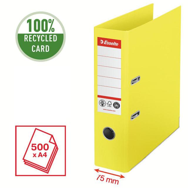 Biblioraft Esselte No.1 Power Recycled, carton reciclat si reciclabil cu amprenta CO2 neutra, A4, 75 mm, galben