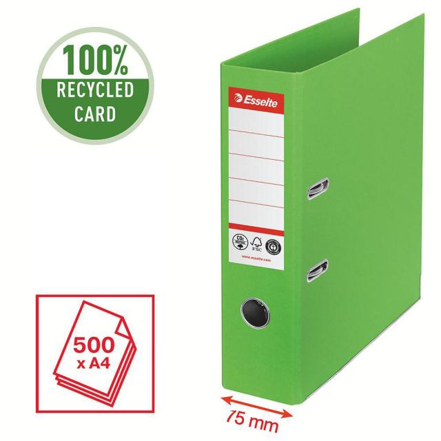 Biblioraft Esselte No.1 Power Recycled, carton, 100% reciclat, reciclabil, certificare FSC, A4, 75 mm, verde