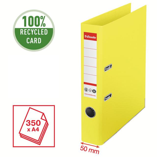 Biblioraft Esselte No.1 Power Recycled, carton, 100% reciclat, reciclabil, certificare FSC, A4, 50 mm, galben