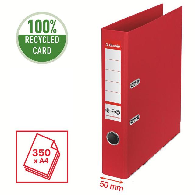 Biblioraft Esselte No.1 Power Recycled, carton, 100% reciclat, reciclabil, certificare FSC, A4, 50 mm, rosu