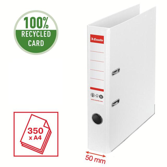 Biblioraft Esselte No.1 Power Recycled, carton reciclat si reciclabil cu amprenta CO2 neutra, A4, 50 mm, alb