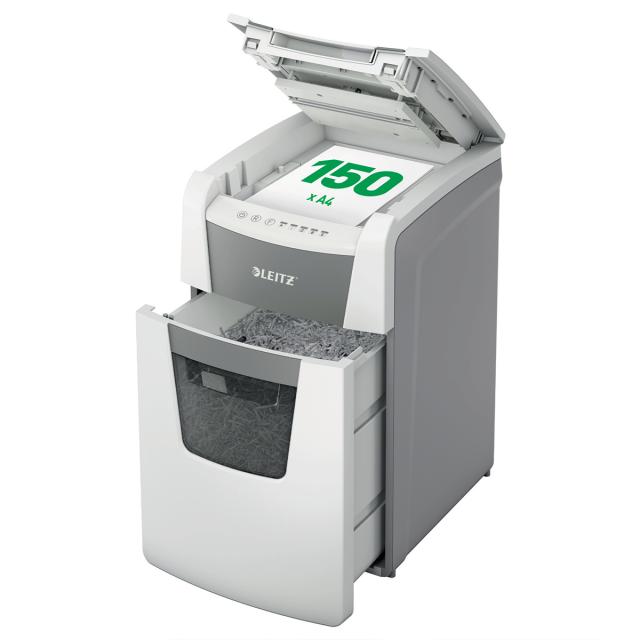 Distrugator documente automat Leitz IQ Office, P4, cross-cut (confeti), 150 coli, cos 44l, alb-gri