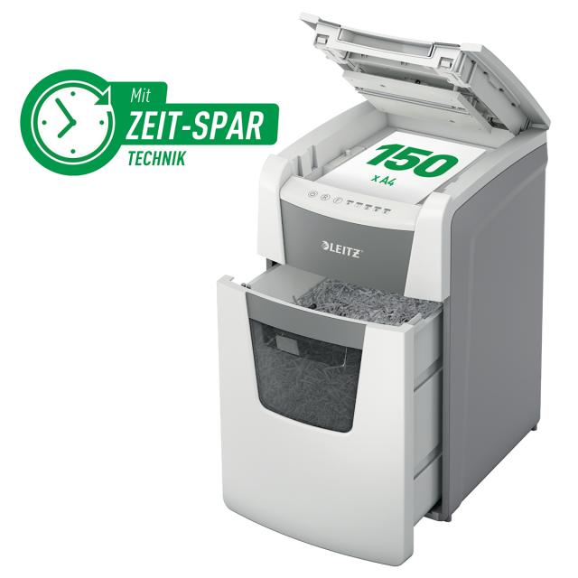 Distrugator documente automat Leitz IQ Office, P4, cross-cut (confeti), 150 coli, cos 44l, alb-gri