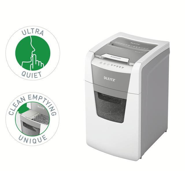 Distrugator documente automat Leitz IQ Office, P4, cross-cut (confeti), 150 coli, cos 44l, alb-gri