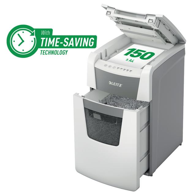 Distrugator documente automat Leitz IQ Office, P5, micro-cut (particule), 150 coli, cos 44l, alb-gri