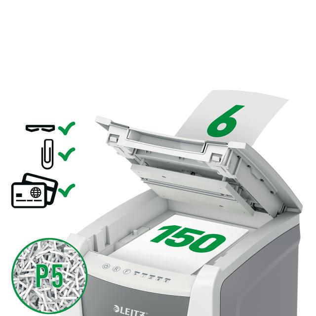 Distrugator documente automat Leitz IQ Office, P5, micro-cut (particule), 150 coli, cos 44l, alb-gri
