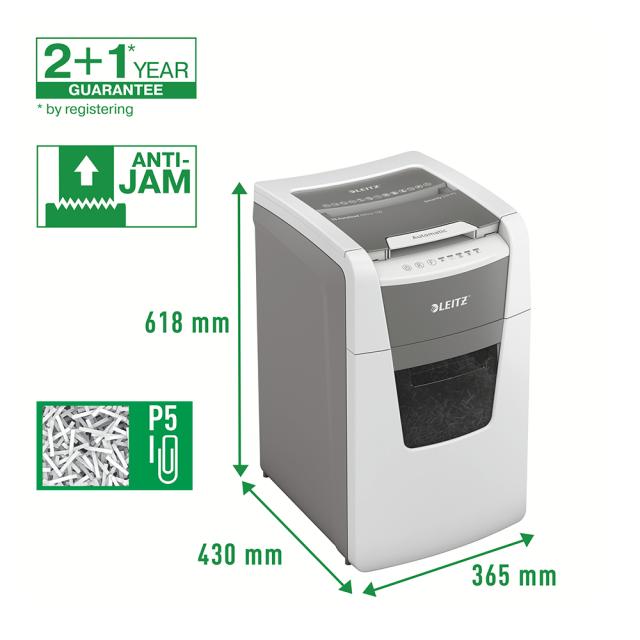 Distrugator documente automat Leitz IQ Office, P5, micro-cut (particule), 150 coli, cos 44l, alb-gri
