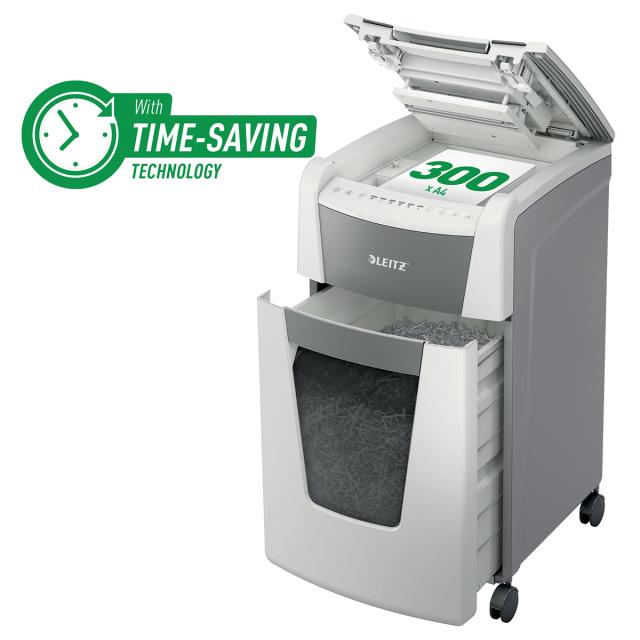 Distrugator documente automat Leitz IQ Office, P4, cross-cut (confeti), 300 coli, cos 60l, alb-gri