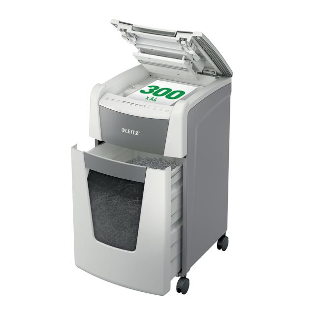 Distrugator documente automat Leitz IQ Office, P5, micro-cut (particule), 300 coli, cos 60l, alb-gri