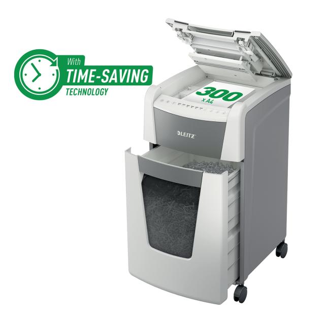 Distrugator documente automat Leitz IQ Office, P5, micro-cut (particule), 300 coli, cos 60l, alb-gri