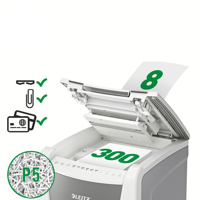Distrugator documente automat Leitz IQ Office, P5, micro-cut (particule), 300 coli, cos 60l, alb-gri