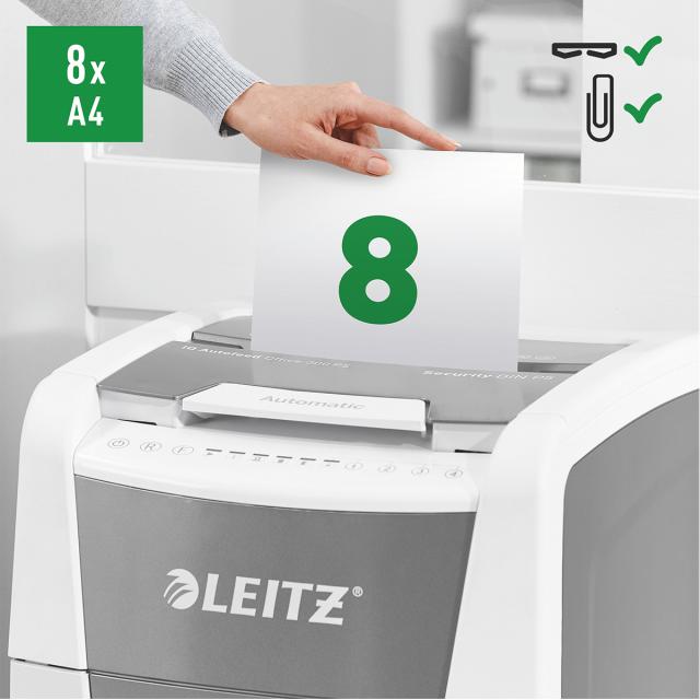 Distrugator documente automat Leitz IQ Office, P5, micro-cut (particule), 300 coli, cos 60l, alb-gri