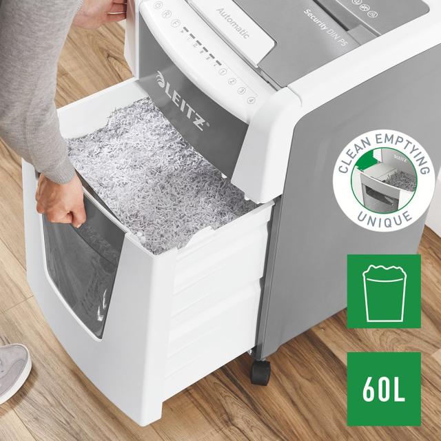 Distrugator documente automat Leitz IQ Office, P5, micro-cut (particule), 300 coli, cos 60l, alb-gri