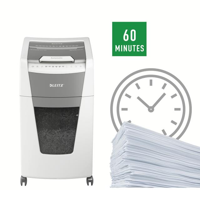 Distrugator documente automat Leitz IQ Office, P5, micro-cut (particule), 300 coli, cos 60l, alb-gri