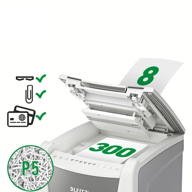 Distrugator documente automat Leitz IQ Office, P5, micro-cut (particule), 300 coli, cos 60l, alb-gri