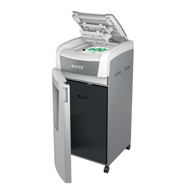 Distrugator documente automat Leitz IQ Office, P5, micro-cut (particule), 600 coli, cos 110l, alb-gri