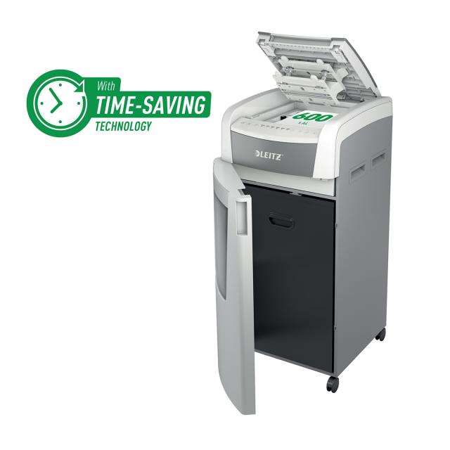 Distrugator documente automat Leitz IQ Office, P5, micro-cut (particule), 600 coli, cos 110l, alb-gri